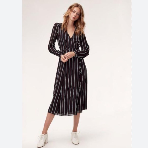 Wilfred by Aritzia Lina Striped Wrap Midi Dress - Black, White, Burgundy - Small - Picture 2 of 13